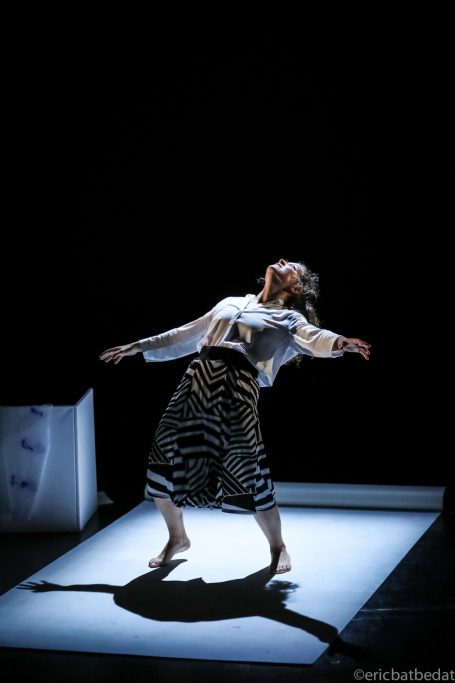 Spectacle - danse Danseuse en mouvement expressive, vêtue d'un haut clair et d'une jupe à motifs sombres.